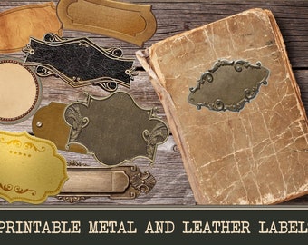 Printable Antique Book Labels – Vintage Metal & Leather Texture Designs