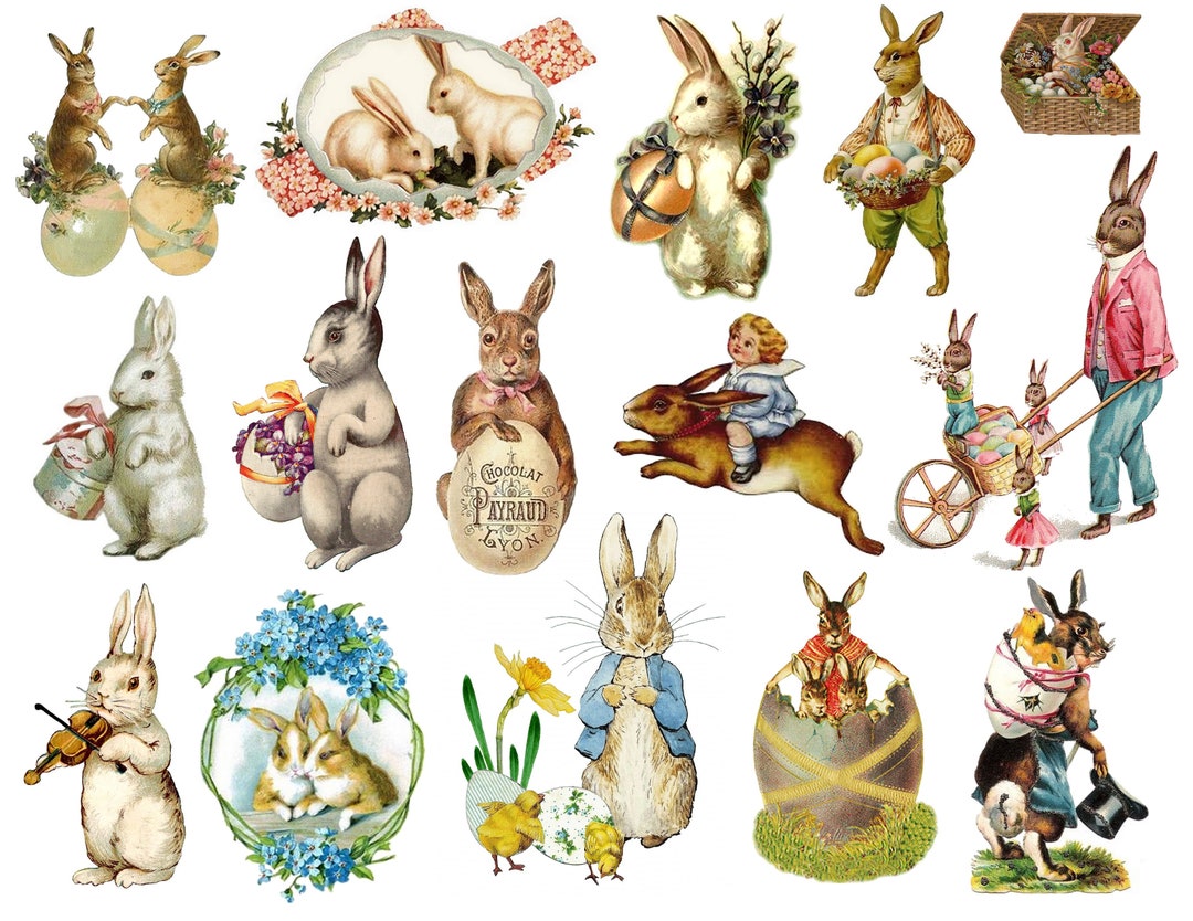 Easter Rabbits Bunnies Clipart Vintage Easter PNG Ephemera Easter