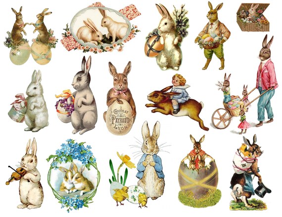 Easter Rabbits Bunnies Clipart Vintage Easter PNG Ephemera - Etsy