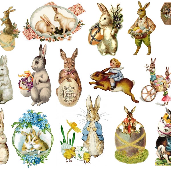Conejos de Pascua conejitos clipart Vintage pascua PNG efímera Pascua imprimibles vacaciones de Pascua hoja de collage digital Allegradigital