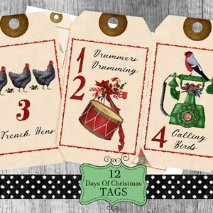 Twaalf dagen Kerstmis Labels afdrukbare cadeaulabels hanglabels dagboek Twaalf dagen Kerstmis labels digitale collageblad