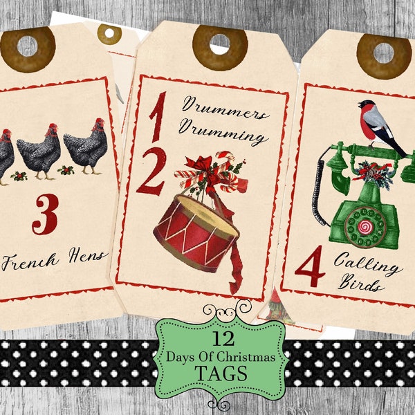 Twelve Days Of Christmas Tags printable gift tags hang tags journaling journal Twelve Days Of Christmas labels digital collage sheet