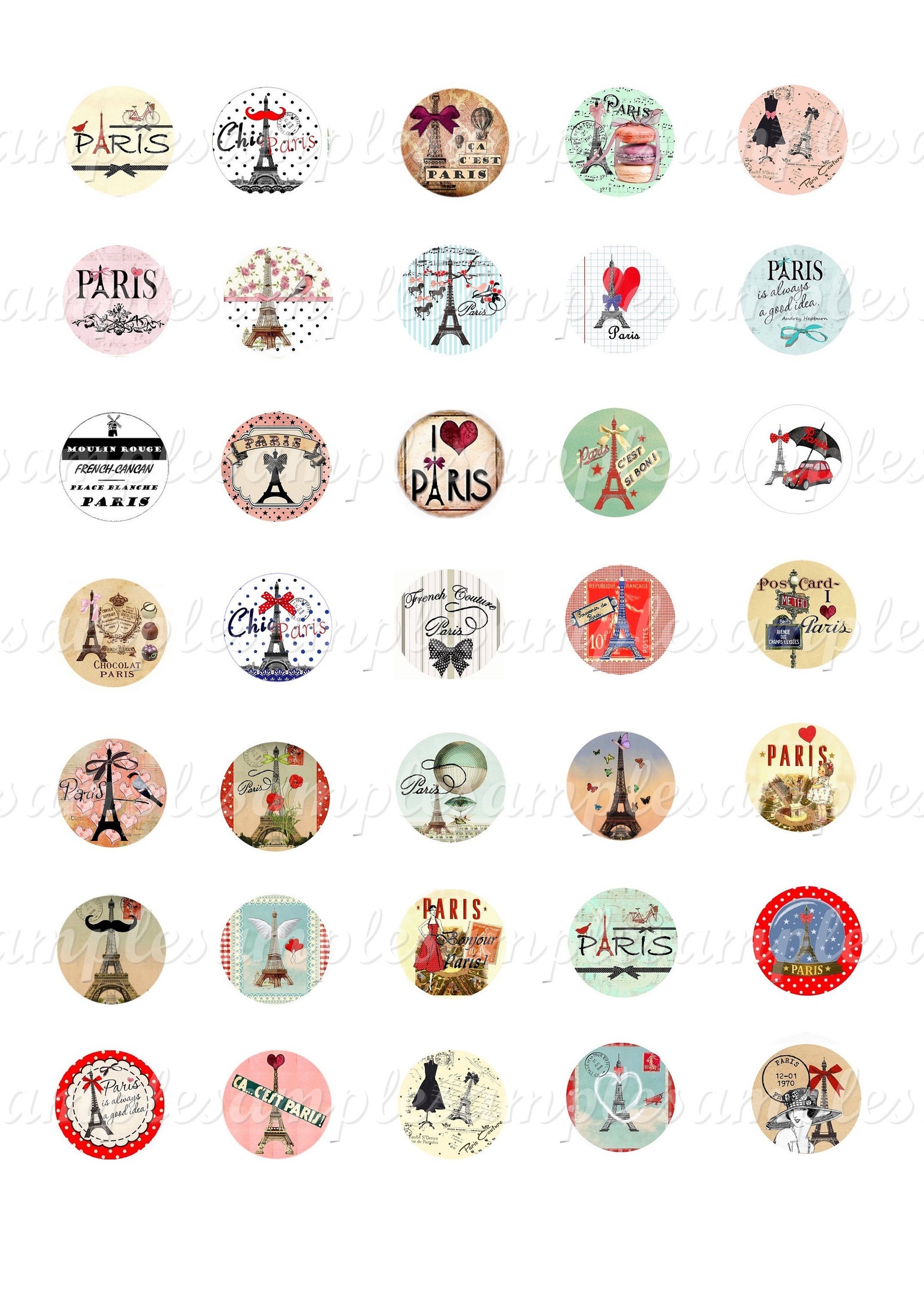 Retro Paris Eiffel Tower 1 Inch Images for Necklace Cabochons- Digital ...