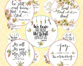 Digital collage sheet circles Bible verses circles images for pendants cabochons, magnets Scripture boho style 1 inch circles and more
