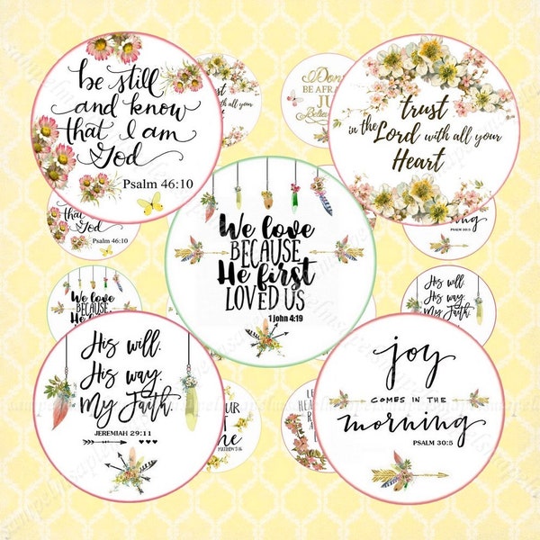 Digital collage sheet circles Bible verses circles images for pendants cabochons, magnets Scripture boho style 1 inch circles and more