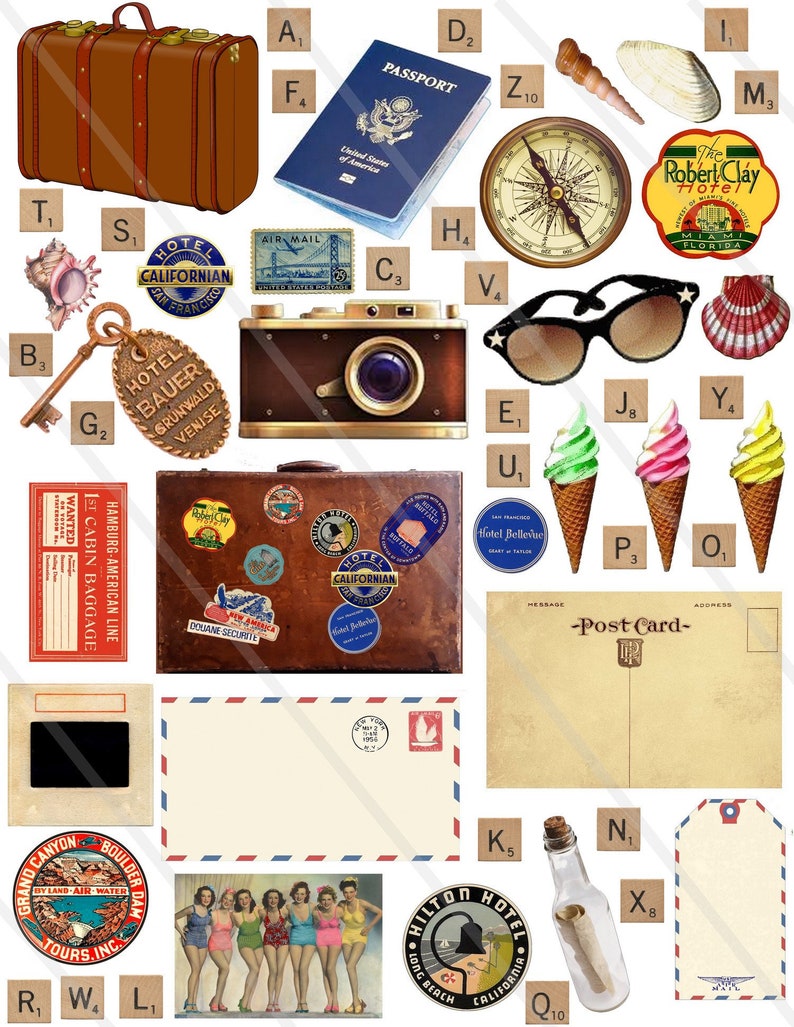 May include: A vintage travel collage with a brown suitcase, passport, compass, postcards, hotel stickers, seashells, ice cream cones, sunglasses, and a key with a hotel tag. The collage is decorated with vintage travel-themed elements.