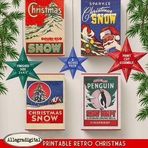 Printable Retro Christmas Ornament Box for gifts, DIY vintage box template, 4 Vintage shiny Brite boxes printable Christmas collage sheet