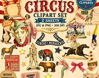 Vintage Circus Clipart PNG JPG, Retro Circus Ephemera, Clowns, Acrobats, Carnival Animals, Junk Journal, Scrapbooking, Instant Download