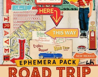 Kit de Imprimíveis para Diário de Viagem Vintage, Tema Retrô de Férias/Viagens, Livro de Adesivos para Viagem de Carro