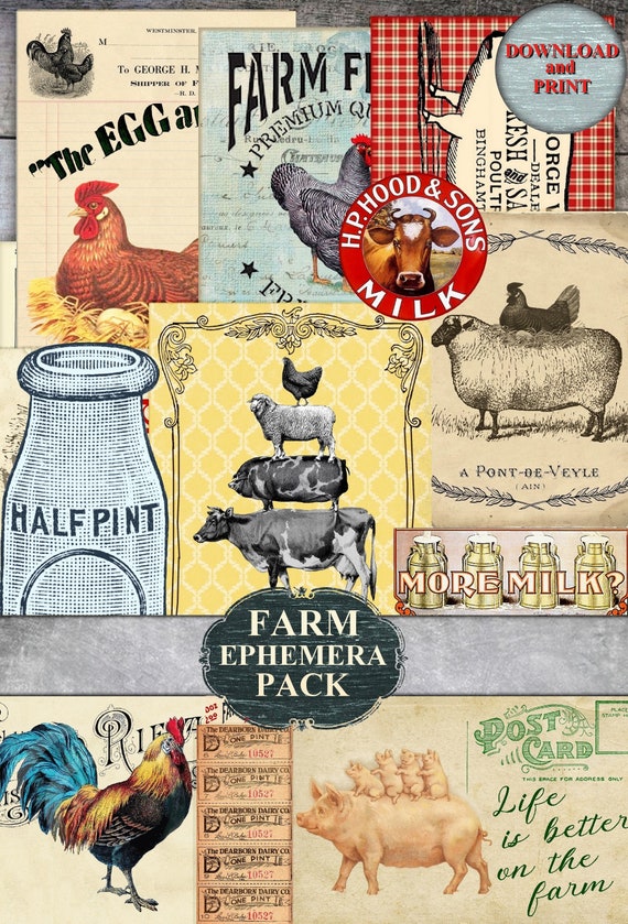 Farmhouse Country Ephemera Kit – Vintage Farm Junk Journal Clip Art, Postcards, Tags & Printable Crafting Sheets Cottagecore printables