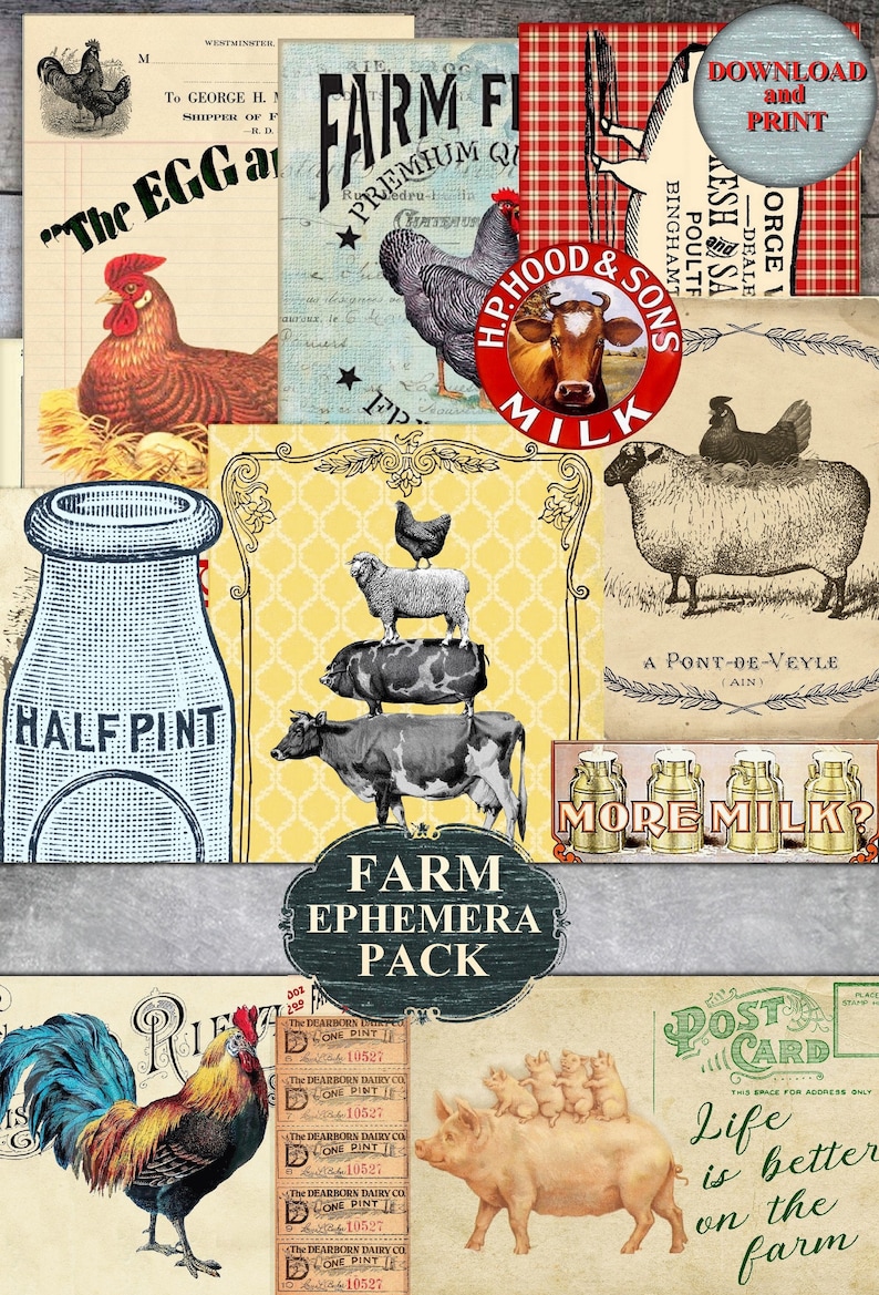 Op de afbeelding: Een digitale collage van vintage boerderijafbeeldingen, waaronder een haan, een koe, een schaap, een varken en een melkfles. De collage bevat de tekst "Farm Ephemera Pack" en "More Milk?"