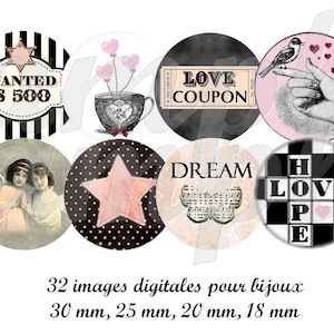 May include: Set of eight round digital images for jewelry making. The images feature a variety of designs, including a star, angels, a cup, a bird, a hand, a love coupon, a crossword puzzle, and a wanted poster. The images are in black, white, pink, and gray.