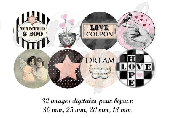 images digitales rétro "Black and Pink", image pour bijoux, image à imprimer, images cabochon, vintage, étoile, ange, coeur, oiseau, rose