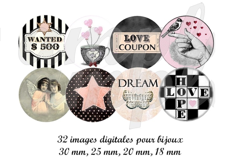 May include: Set of eight round digital images for jewelry making. The images feature a variety of designs, including a star, angels, a cup, a bird, a hand, a love coupon, a crossword puzzle, and a wanted poster. The images are in black, white, pink, and gray.