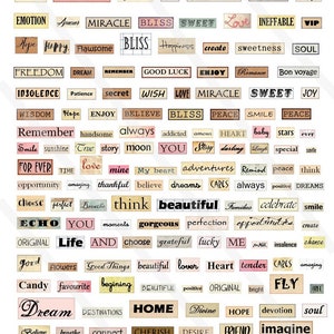Peut inclure: Un collage de carr&eacute;s de papier color&eacute;s avec des mots imprim&eacute;s dessus. Les mots sont principalement positifs et encourageants, tels que "amour", "joie", "espoir", "r&ecirc;ve", "foi" et "croire".