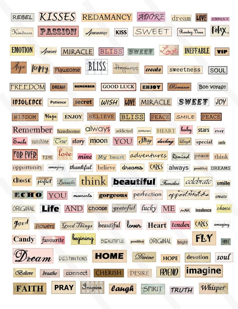 Peut inclure: Un collage de carr&eacute;s de papier color&eacute;s avec des mots imprim&eacute;s dessus. Les mots sont principalement positifs et encourageants, tels que "amour", "joie", "espoir", "r&ecirc;ve", "foi" et "croire".