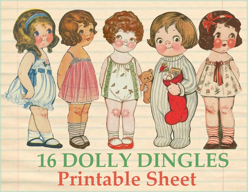May include: Printable paper doll sheet with 16 "Dolly Dingle" dolls. The dolls are dressed in various outfits, including a blue dress, a pink dress, a floral dress, pajamas, and a floral dress with a red bow. The dolls are standing on a lined paper background. The text "16 DOLLY DINGLES Printable Sheet" is at the bottom of the sheet.