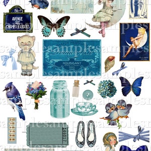 Digital Collage Sheet, Pretty in blue Images Instant Download, PNG Included