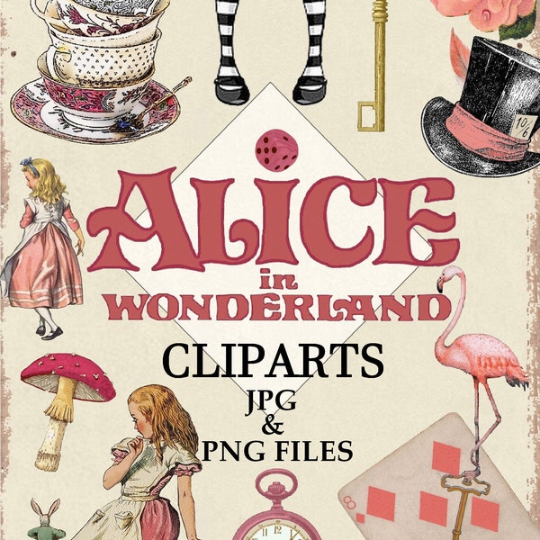 Alice in Wonderland Clipart Alice Clip Art Watercolor Mad Hatter Tea Party Eat Me Drink Me White Rabbit Key Illustration PNG file JPEG file