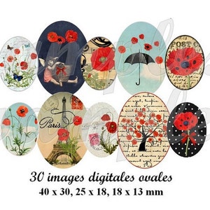 Digital collage sheet Poppies Oval 30x40 mm, 18x25 mm 13x18mm Oval images for pendant, printable images poppy, cameo images instant download
