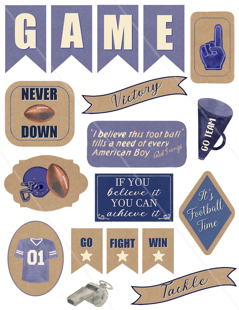 以下が含まれることがあります： 「GAME」と書かれたバナー、フットボールヘルメット、フットボールジャージ、ホイッスル、メガホンなど、さまざまなデザインの印刷可能なフットボールパーティーデコレーションのセット。デコレーションは、茶色と青色のヴィンテージスタイルです。