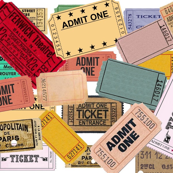 Tickets clipart pack VINTAGE TICKETS with movie tickets, circus tickets, admit one tickets, Retro Tickets Clipart, Vintage Tickets Clipart