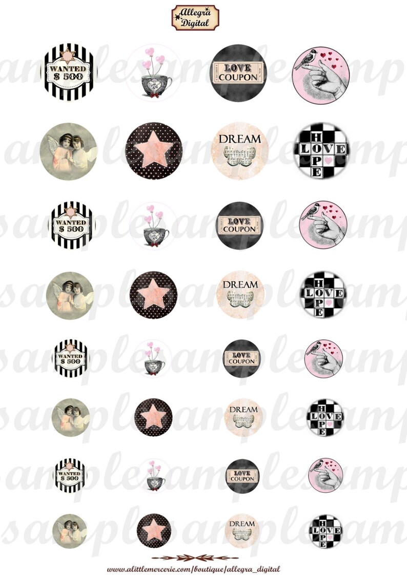May include: A set of 12 printable digital scrapbook paper circles featuring various designs, including angels, stars, hearts, and text. The text includes "Wanted $500", "Love Coupon", "Dream", and "Hope Love".
