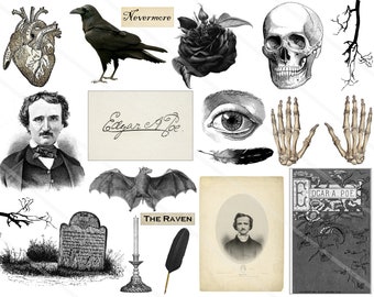 Edgar Allan Poe Digital Collage Sheet , Halloween Images PNG Files Instant Download, Transparent Art Images Poe cliparts