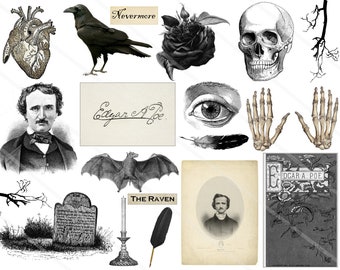 Digital Collage Sheet Edgar Allan Poe Halloween Images PNG Files Instant Download, HalloweenTransparent Art Images Poe clipart