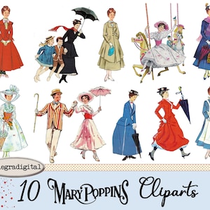 Cliparts vintage Mary Poppins images numériques pour scrapbooking création de carte junk journal Allegradigital