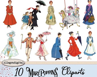 May include: A set of 10 Mary Poppins themed clipart images. The images feature Mary Poppins, Bert, and the Banks children in various scenes from the movie. The images are in a vintage style and are perfect for scrapbooking, card making, and other craft projects.