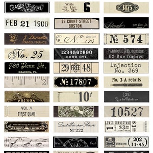 May include: A collection of vintage labels and ephemera with black and white text on a cream background. The labels feature various numbers, dates, and phrases, including "43 Flowers, 30&cent;", "Feb 21 1900", "No. 25", "1234567890 Good Bye", "Distill&eacute;e sur Fleurs No. 222", "10527", "3x6=18", and "TREASURES".