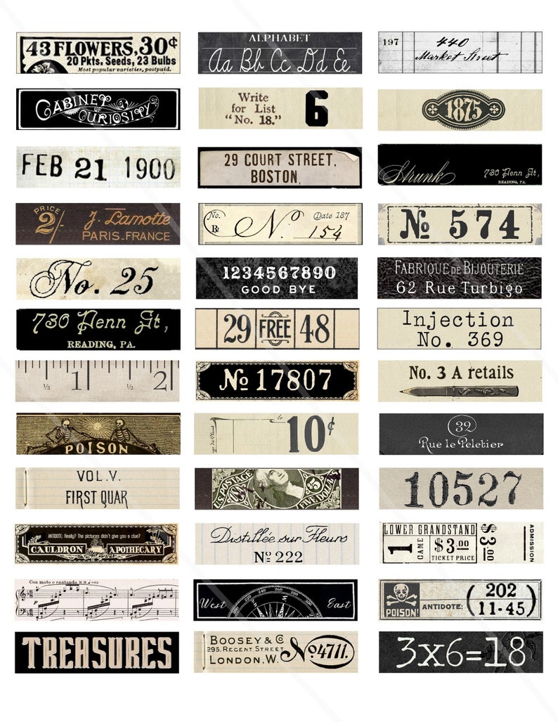 May include: A collection of vintage labels and ephemera with black and white text on a cream background. The labels feature various numbers, dates, and phrases, including "43 Flowers, 30&cent;", "Feb 21 1900", "No. 25", "1234567890 Good Bye", "Distill&eacute;e sur Fleurs No. 222", "10527", "3x6=18", and "TREASURES".
