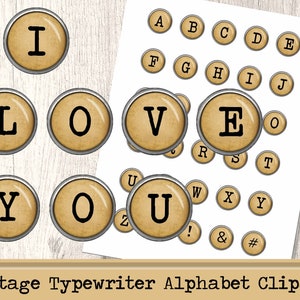 May include: Vintage typewriter alphabet clipart featuring the letters I, L, O, V, E, Y, O, U in a circular design with a brown background and black text.