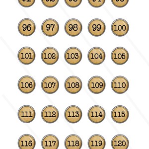 May include: A set of 20 round, beige buttons with black numbers from 91 to 120. Each button has a silver metal rim.