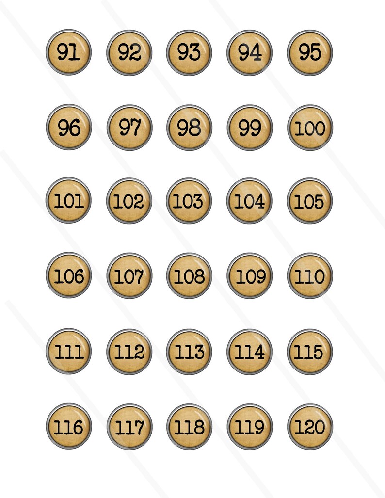 May include: A set of 20 round, beige buttons with black numbers from 91 to 120. Each button has a silver metal rim.