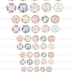May include: A set of 24 round, floral-themed stickers with inspirational quotes and bible verses in Spanish. The stickers feature a variety of floral designs in pink, blue, and green.