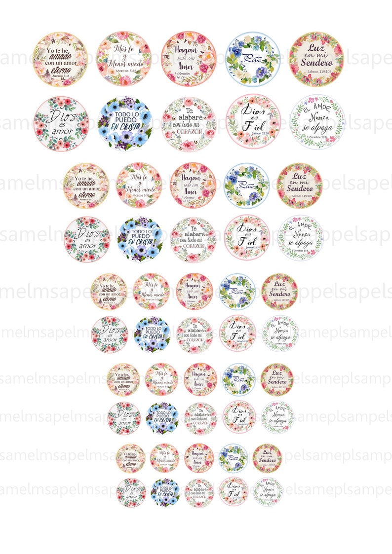 May include: A set of 24 round, floral-themed stickers with inspirational quotes and bible verses in Spanish. The stickers feature a variety of floral designs in pink, blue, and green.