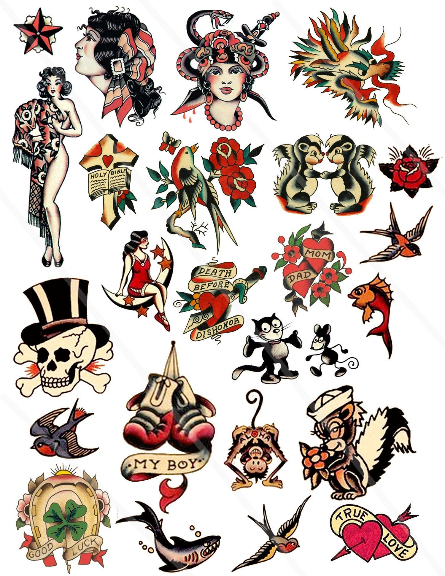 Digital Collage Sheet Retro Tattoo Clipart PNG JPEG Vintage Etsy 