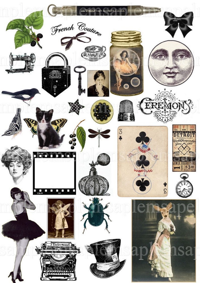 May include: A collection of vintage illustrations and objects. Includes a sewing machine, lock, key, cat with butterfly wings, playing card, perfume bottle, typewriter, and a woman in a tutu. The text "French Couture" is also present.