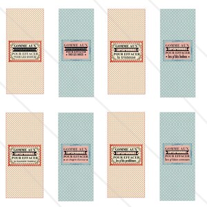 Pode incluir: Oito etiquetas coloridas com fundo de bolinhas. Cada etiqueta tem uma borda vermelha e diz "GOMME AUX SUPERPOUVOIRS POUR EFFACER" seguido de uma frase diferente em franc&ecirc;s. As frases s&atilde;o "TOUS LES SOUCIS", "TOUS LES SOUCIS", "la tristesse", "les p'tits bobos", "la mauvaise humeur", "un chagrin d'amour", "les p'tits probl&egrave;mes" e "les p'tites erreurs".