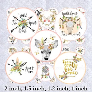 Images digitales cabochon Boho hyppie chic, fleurs, attrape-rêve, plumes, flêche, biche, image bijoux images cabochon Allegra digital