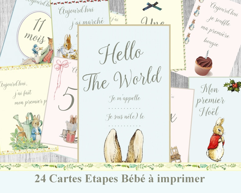 Pode incluir: Um conjunto de 24 cart&otilde;es de marcos de beb&ecirc; imprim&iacute;veis com ilustra&ccedil;&otilde;es de Peter Rabbit e outros personagens. Os cart&otilde;es s&atilde;o projetados para serem usados para documentar o primeiro ano de um beb&ecirc;, com cada cart&atilde;o apresentando um marco diferente, como "11 meses", "Hoje eu andei", "Meu primeiro Natal" e "Ol&aacute; mundo".