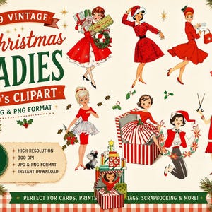 Clip art natalizie vintage anni '50, immagini digitali di Natale, immagini per la creazione di biglietti d'auguri, scrapbooking, junk journaling e journaling.