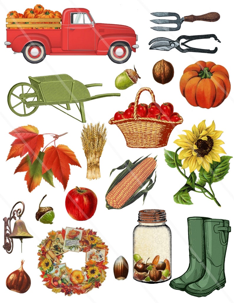 Op de afbeelding: Een verzameling herfst-illustraties, waaronder een rode pick-up truck vol pompoenen, een kruiwagen, een mand met appels, een zonnebloem, een pot met noten, een krans, een ma&iuml;skolf, een rode appel, een bel, een ui en een paar groene laarzen.