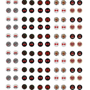 May include: Set of 100 round, black and white patterned stickers with various designs, including cherries, bows, and hearts. The stickers are perfect for adding a touch of whimsy to crafts, gifts, and more.