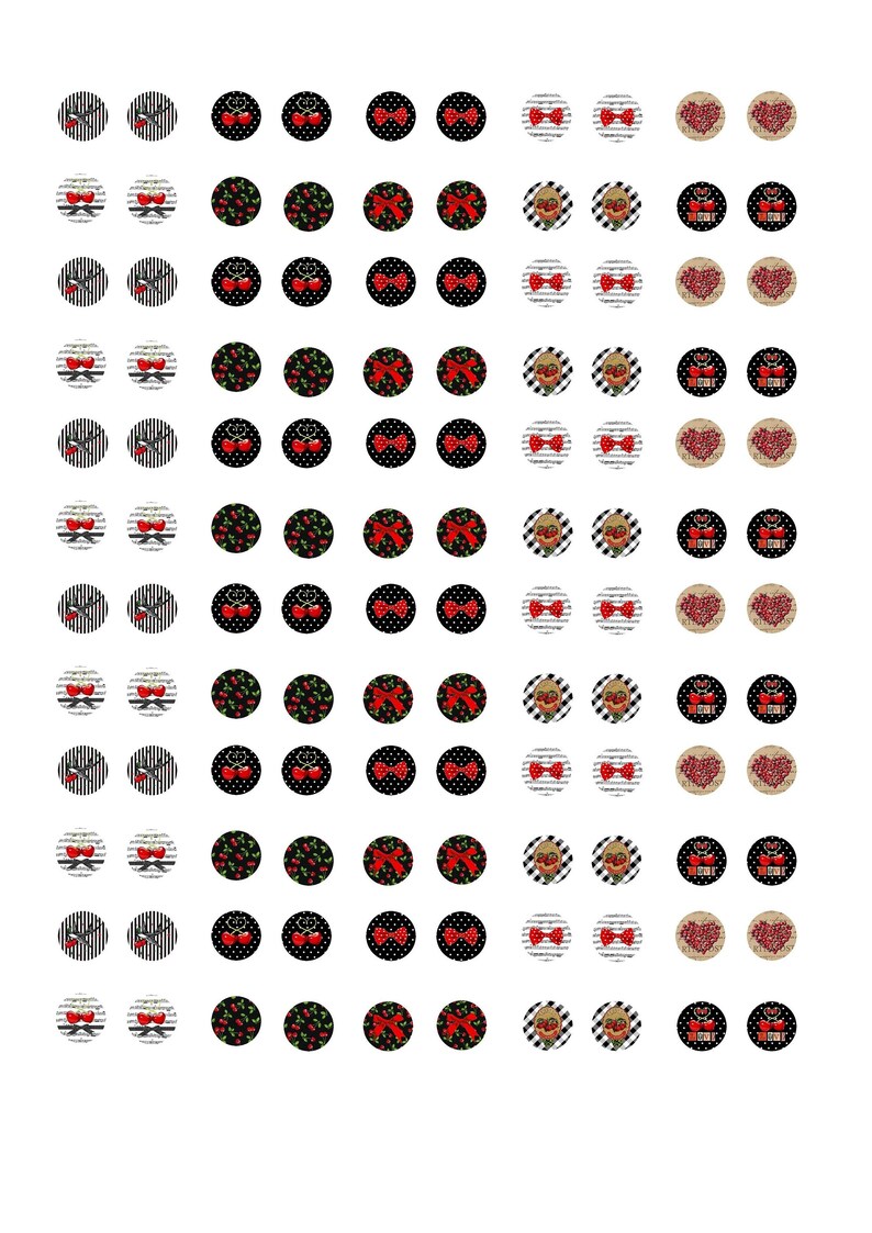 May include: Set of 100 round, black and white patterned stickers with various designs, including cherries, bows, and hearts. The stickers are perfect for adding a touch of whimsy to crafts, gifts, and more.
