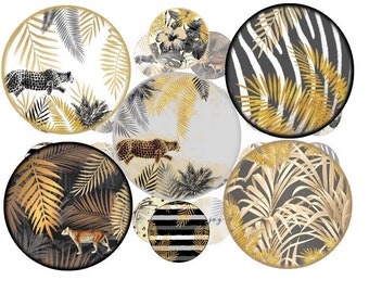 Digital collage sheet circles palm tree savannah, jungle, tropical, tiger, leopard, Africa 1" inch circle,pendant images, bottle cap images