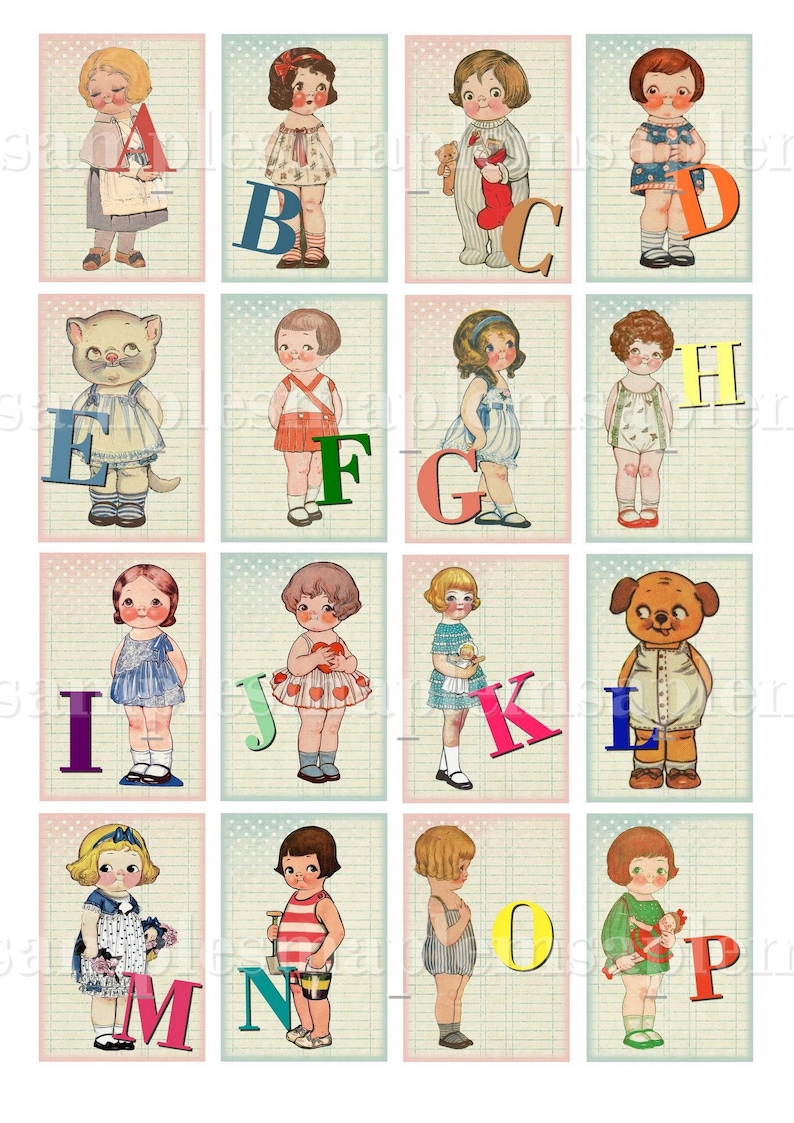 May include: A set of 16 alphabet cards featuring children and animals. Each card has a colorful letter and a cute illustration. The letters are A, B, C, D, E, F, G, H, I, J, K, L, M, N, O, and P.