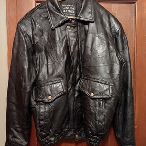 Vintage Mens Napoline Patch Quilt Leather Jacket Black Snap Pockets Size Large